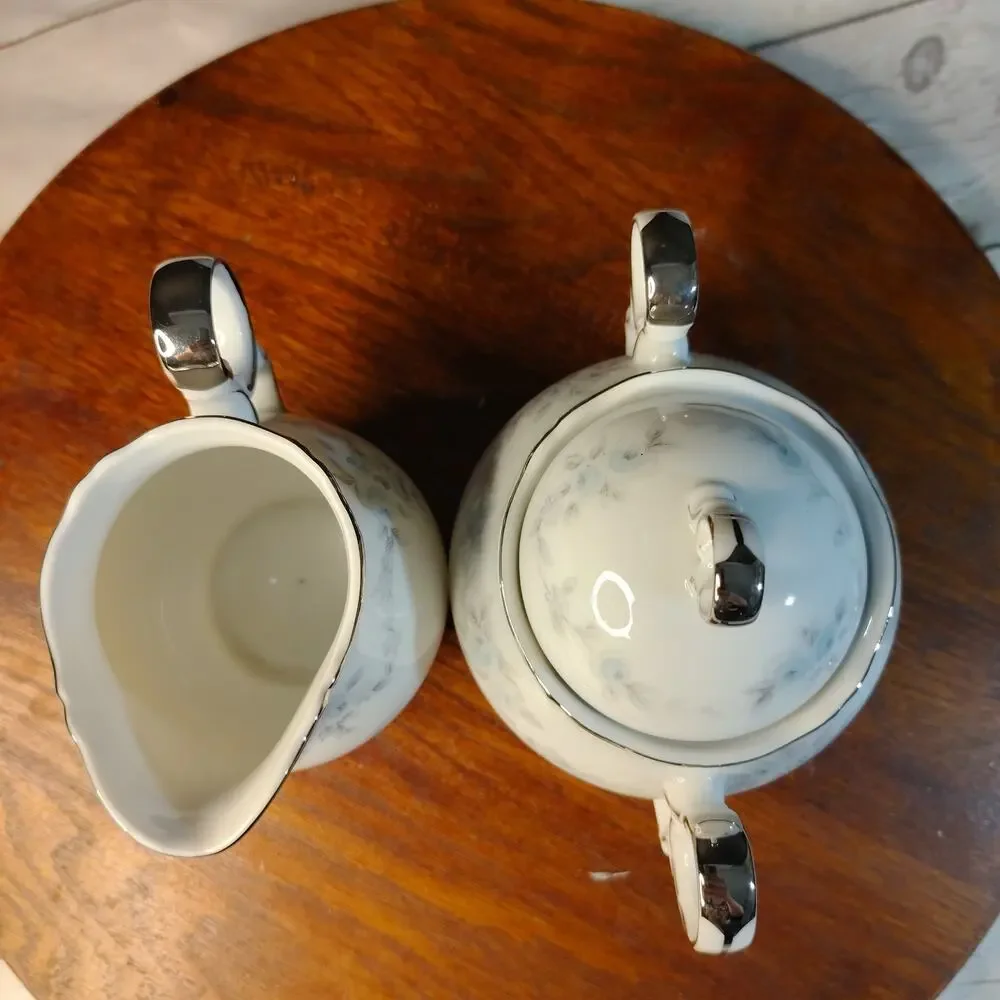 MIKASA Barbizon Pattern Sugar Bowl Dish w/ Lid & Creamer Blue Flowers Silver Rim